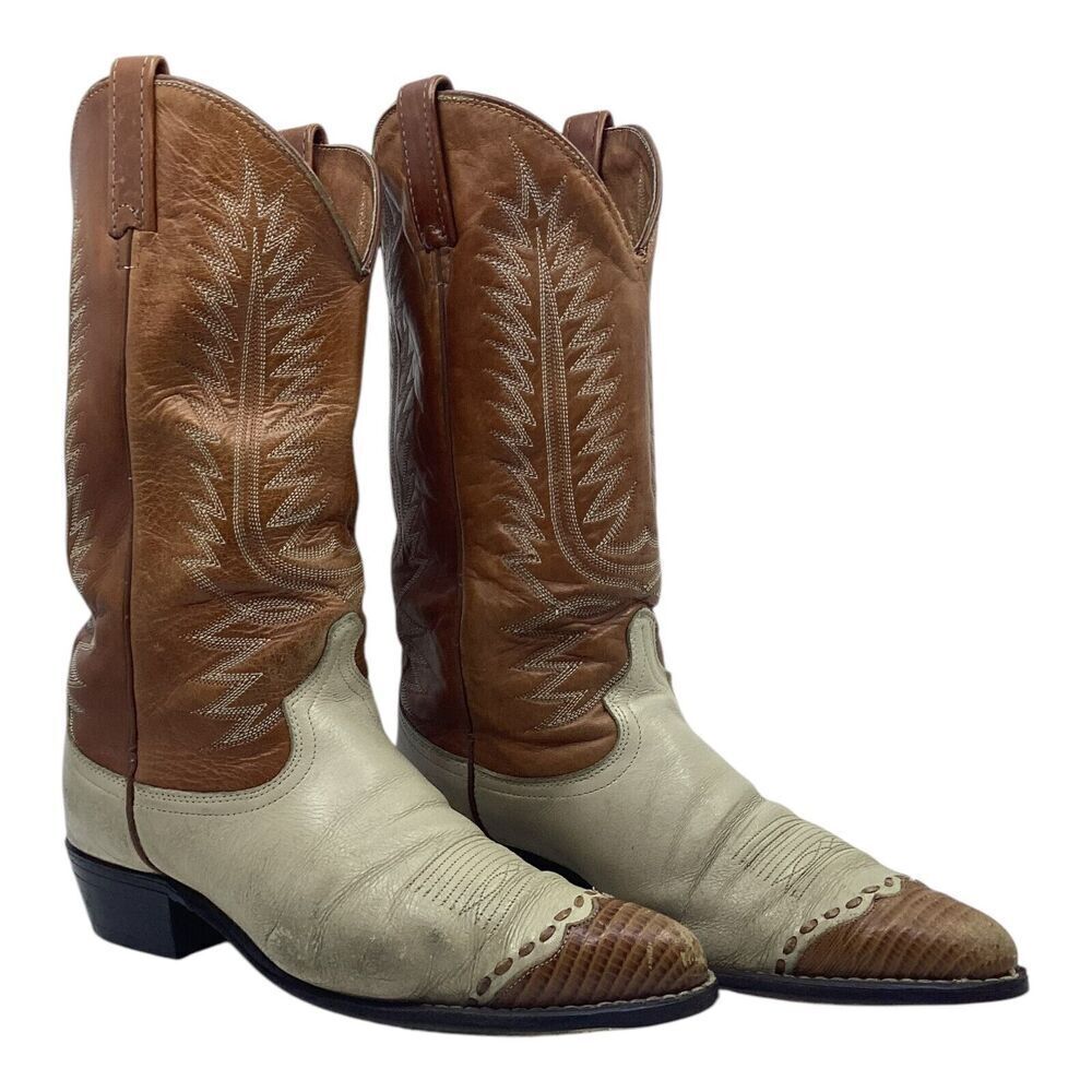 Acme Cowboy Boots Mens 9.5D Brown Cream Good Vintage Tri-Tone Lizard Print Toe